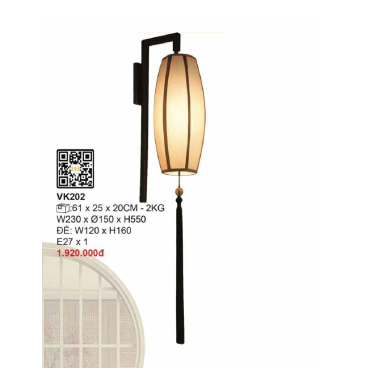 VK202: Đèn gắn tường chao vải - KT: W230mm x Ø150mm x H550mm - Bóng đèn E27 x 1