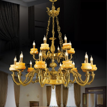 S - CĐ 2024/12+6: Chùm đồng 18 tay, chao đá thiên nhiên - KT: Ø1200mm x H1250mm - Bóng đèn chân E14 x 18 bóng