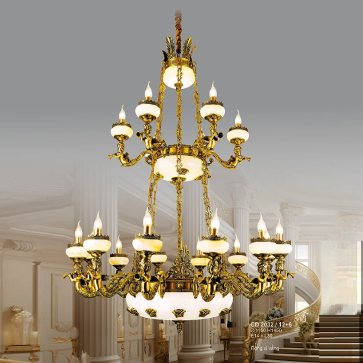 S - CD 2032/12+6: Đèn chùm đồng nến chao đáy thủy tinh - KT: Ø1150mm x H1450mm - Bóng đèn E14 x 30 bóng