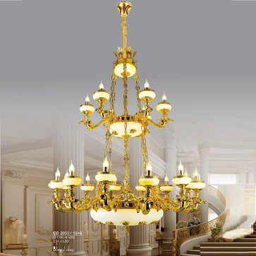 S - CD 2033/12+6: Đèn chùm đồng nến chao đáy thủy tinh - KT: Ø1150mm x H1450mm - Bóng đèn E14 x 30 bóng