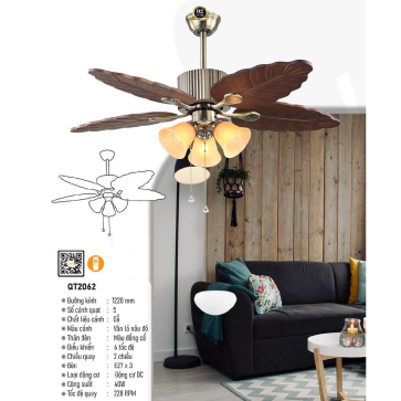 QT2062: Quạt trần đèn 5 cánh gỗ, chao đèn thủy tinh