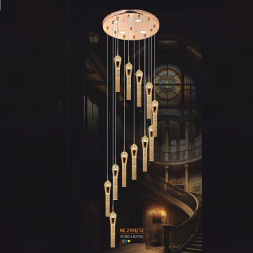 NC 2194/12: Đèn thả thông tầng, thanh thủy tinh - KT: Ø450mm x H2100mm -  Đèn LED ánh sáng vàng