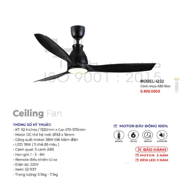 MODEL - Q.22: Quạt trần đèn 3 cánh nhựa ABS