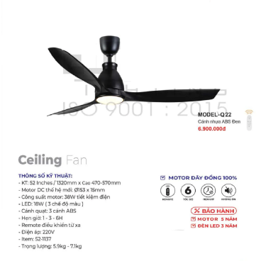 MODEL - Q.22: Quạt trần đèn 3 cánh nhựa ABS