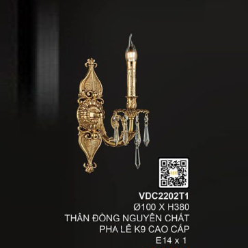 VDC2202T1: Đèn gắn tường đồng đơn - KT: W100mm x H380mm - Bóng đèn chân E14 x1