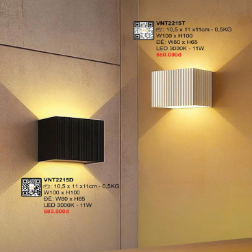 VNT 2215T: Đèn vách LED vỏ trắng - KT: W100mm x H100mm - Đèn LED 11W ánh sáng vàng 3500K
