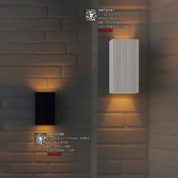 VNT 2216T: Đèn vách LED vỏ trắng - KT: W100mm x H200mm - Đèn LED 11W ánh sáng vàng 3500K