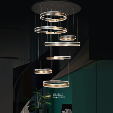 CODE: 2216/7: Đèn thả 7 vòng đèn LED - KT: Ø1200mm - Đèn LED 318W  ánh sáng đổi 3 màu
