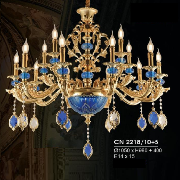 HF - CN 2218/10+5: Đèn chùm nến 15 tay - KT: Ø1050mm x H950mm + 400mm - Bóng đèn E14 x 15 bóng
