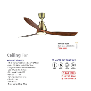 MODEL - Q.23: Quạt trần đèn 3 cánh nhựa ABS