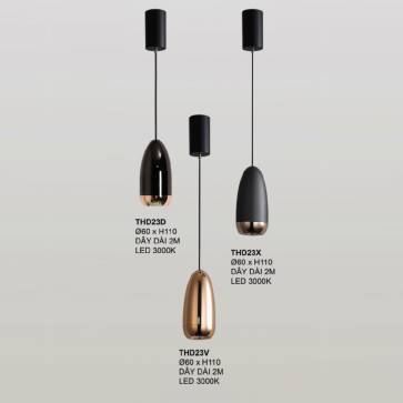 THD23D: Đèn thả đơn LED ( chao màu vàng/xám/đen) - KT: Ø60mm x H110mm ( Dây treo dài 2M)- Đèn LED ánh sáng vàng 3000K