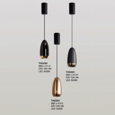 THD23D: Đèn thả đơn LED ( chao màu vàng/xám/đen) - KT: Ø60mm x H110mm ( Dây treo dài 2M)- Đèn LED ánh sáng vàng 3000K