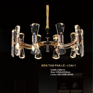 CODE: 2366/10: Đèn thả LED phale khối 10 tay - KT: Ø860mm x H450mm - Đèn LED 120W ánh sáng vàng 3000K