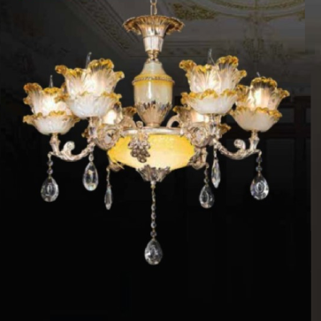 CNQT - 240: Đèn chùm nến 6 tay, chao thủy tinh - KT: Ø600mm x H900mm - Bóng đèn nến E14 x 6 bóng