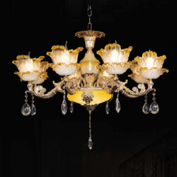 CNQT - 241: Đèn chùm nến 8 tay, chao thủy tinh - KT: Ø750mm x H900mm - Bóng đèn nến E14 x 8 bóng