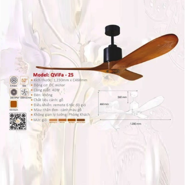 QViFa - 25: Quạt trần 3 cánh gỗ tự nhiên