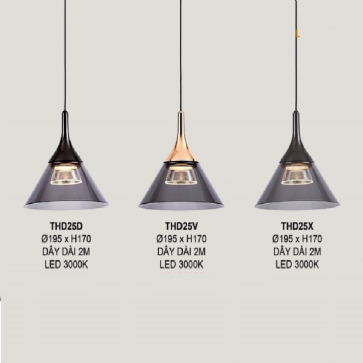 THD25: Đèn thả LED ( chao Đen/vàng/xám) - KT: Ø195mm x H170mm ( Dây thả dài 2M) - Đèn LED ánh sáng vàng 3000K