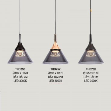 THD25: Đèn thả LED ( chao Đen/vàng/xám) - KT: Ø195mm x H170mm ( Dây thả dài 2M) - Đèn LED ánh sáng vàng 3000K