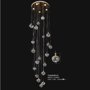 35 - THD2526T21: Đèn thả LED - KT: Ø650mm x H3000mm - Đèn LED đổi 3 màu + LED 5W x 26 bóng