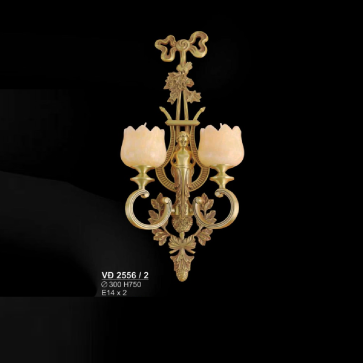 S - VĐ 2555/2: Đèn gắn tường đồng chao đá 2 tay - KT: Ø300mm x H750mm - Bóng đèn E14 x 2 bóng