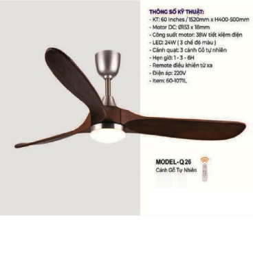 MODEL - Q26: Quạt trần đèn LED 3 cánh gỗ tự nhiên