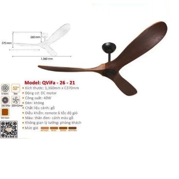 QViFa - 26-21: Quạt trần 3 cánh  gỗ tự nhiên