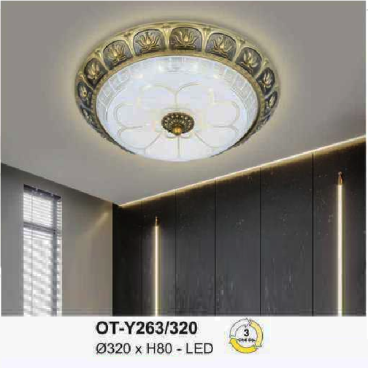 AN - OT - Y263/320: Đèn ốp trần LED, chao thủy tinh - KT: Ø320mm x H80mm - Đèn LED ánh sáng đổi 3 màu