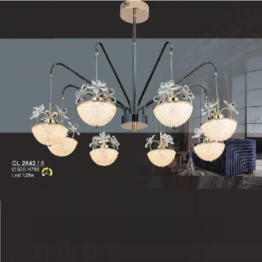 S - CL 2642/8: Đèn chùm LED 8 tay - KT: Ø920mm x H750mm - Đèn LED 128W ánh sáng đổi 3 màu