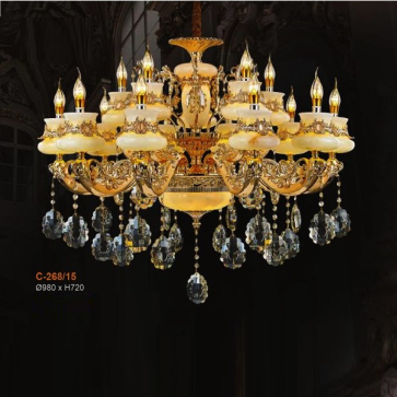 E - C - 268/15: Đèn chùm 15 tay chao đá bạch ngọc - KT: Ø980mm x H720mm - Bóng đèn E14 x 15 bóng + Đèn LED
