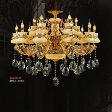 E - C - 268/15: Đèn chùm 15 tay chao đá bạch ngọc - KT: Ø980mm x H720mm - Bóng đèn E14 x 15 bóng + Đèn LED