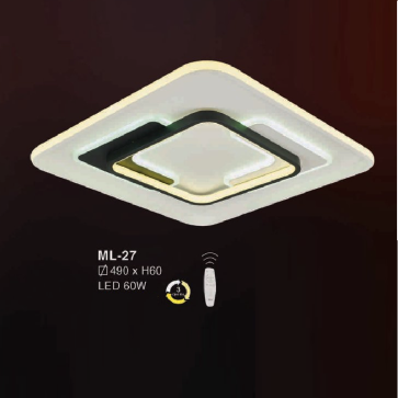 E - ML - 27: Đèn áp trần LED vuông - KT: L490mm x W490mm x H60mm  - Đèn LED 60W  ánh sáng đổi 3 màu - Remote