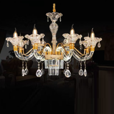 CNQT - 277: Đèn chùm nến 8 tay, chao thủy tinh - KT: Ø800mm x H900mm - Bóng đèn nến E14 x 8 bóng