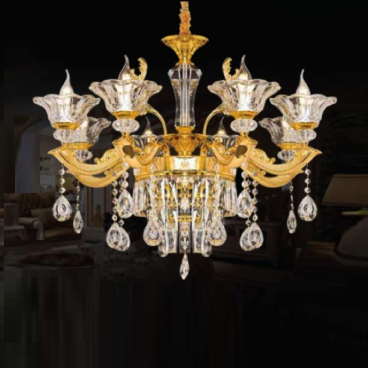 CNQT - 280: Đèn chùm nến 8 tay, chao thủy tinh - KT: Ø750mm x H950mm - Bóng đèn nến E14 x 8 bóng