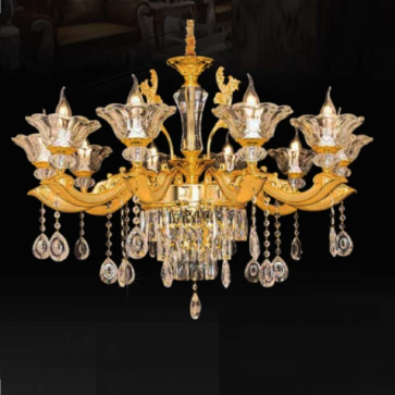 CNQT - 281: Đèn chùm nến 10 tay, chao thủy tinh - KT: Ø850mm x H1100mm - Bóng đèn nến E14 x 10 bóng