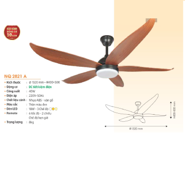 NQ 2821A: Quạt trần đèn LED 5 cánh - KT: Ø1320mm x H400mm + 500mm  - Đèn LED