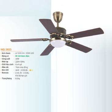NQ 2823: Quạt trần đèn LED 5 cánh - KT: Ø1200mm x H500mm + 600mm  - Đèn LED