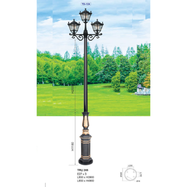 TRỤ 285: Đèn trụ sân vườn chất liệu hợp kim 3 bóng - Cao 3900mm