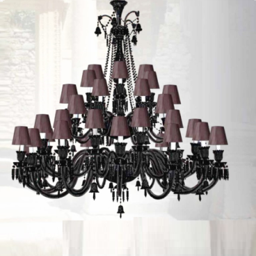 CNQT - 294: Đèn chùm Phale đen cao cấp 48 tay, chụp dù màu nâu - KT: Ø1500mm x H2100mm - Bóng đèn nến chân E14 x 48 bóng