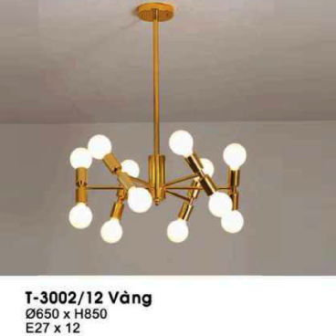 T-3002/12 vàng: Đèn chùm thả Cafe 12 bóng - KT: Ø650mm x H850mm - Bóng đèn E27 x 27 bóng