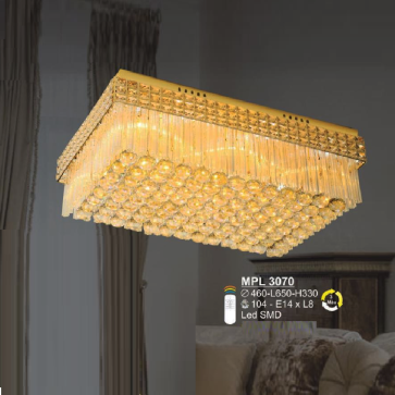 MPL 3070: Đèn áp trần Phale chữ nhật: KT: L650mm x W460mm x H330mm - Đèn LED đổi 3 màu - Đèn E14 x 8 bóng - Remote