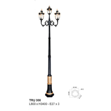 TRỤ 308: Đèn trụ sân vườn chất liệu hợp kim 3 bóng