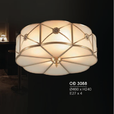 HF - OĐ 3088: Đèn ốp trần đồng chao thủy tinh - KT: Ø460mm x H240mm - Bóng đèn chân E27 x 4 bóng