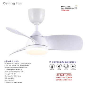 MODEL - Q31: Quạt trần đèn 3 cánh nhựa ABS