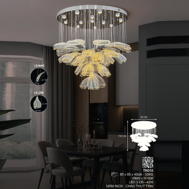 THD32: Đèn mâm thả chao thủy tinh - KT: Ø800mm x H1500mm - Đèn LED  43W đổi 3 màu