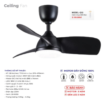 MODEL - Q32: Quạt trần đèn 3 cánh nhựa ABS