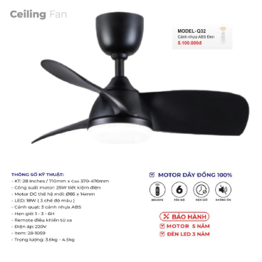 MODEL - Q32: Quạt trần đèn 3 cánh nhựa ABS