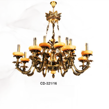 E - CD - 321/16: Đèn chùm đồng 16 tay chao đá - KT: Ø850mm x H780mm + 500mm - Bóng đèn E14 x 16 bóng