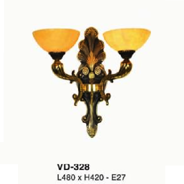 E - VD - 328: Đèn vách đồng đôi chao đá - KT: L480mm x  H420mm - Đèn chân E27 x 2 bóng
