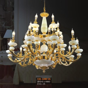 VE - CĐ - 3280/25: Đèn chùm đồng chao đá 25 tay - KT: Ø1010mm x H860mm - Bóng đèn E14 x 25 bóng