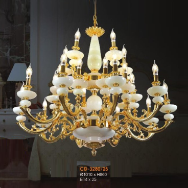VE - CĐ - 3280/25: Đèn chùm đồng chao đá 25 tay - KT: Ø1010mm x H860mm - Bóng đèn E14 x 25 bóng